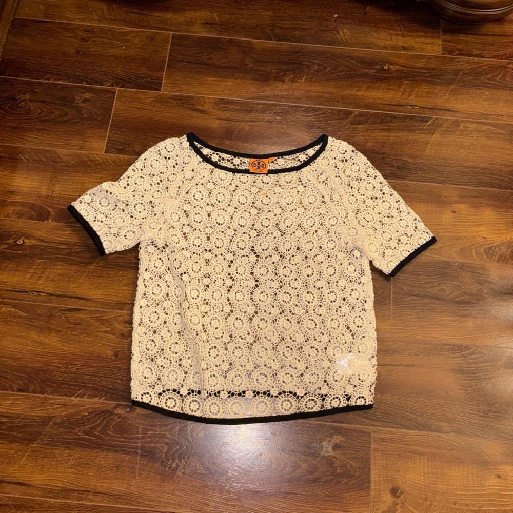 Tory Burch Cream Lace Short-Sleeve Top with Black Trim